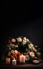 Mourning flowers and candles on a dark background in the form of a bouquet for condolences, generated by ai - obrazy, fototapety, plakaty