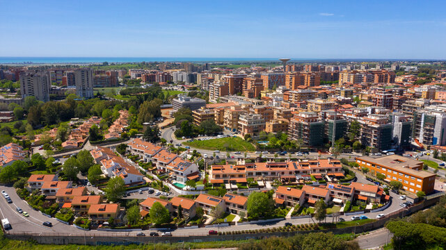 Aerial view of the town of Pomezia, in the Metropolitan City of Rome, Italy. It is a residential area near the big city.