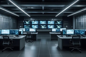 Fototapeta na wymiar Empty interior of big modern security system control room, workstation with multiple displays, monitoring room with at security data center Empty office, desk, and chairs. Generative Ai.