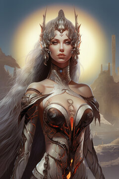 Portrait of an alien princess wearing golden armor. Fantasy creation. Amazon. Generative AI illustration