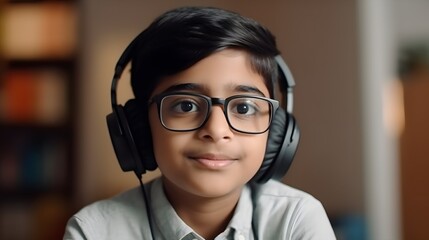 Indian boy student video conference e-learning with teacher and classmates on computer in living room at home. Homeschooling and distance learning. Generative Ai.