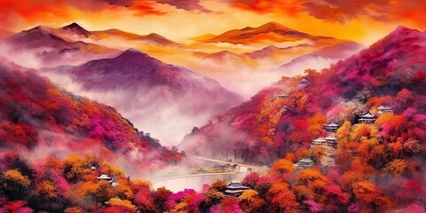Fototapeta premium sunset in the mountains, watercolor painting, generative ai
