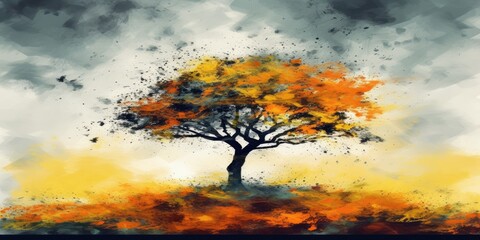 Fototapeta na wymiar autumn tree in the park, watercolor painting, generative ai