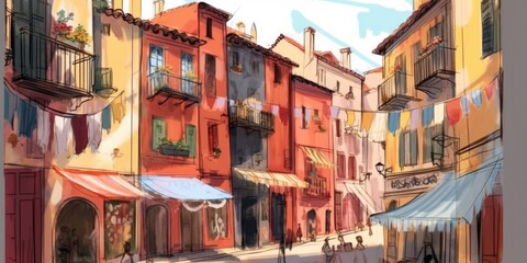 Fototapeta na wymiar Colorful houses in narrow street, watercolor painting, generative ai