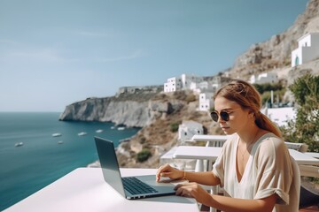 Fototapeta na wymiar Millennial female, travel blogger and digital nomad, working from a hotel in Greece. Computer and smartphone on a table, background with beautiful view. Generative Ai.