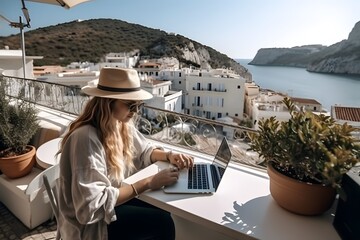 Fototapeta na wymiar Millennial female, travel blogger and digital nomad, working from a hotel in Greece. Computer and smartphone on a table, background with beautiful view. Generative Ai.