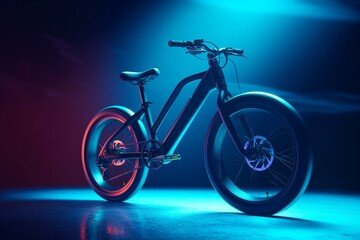 Fototapeta na wymiar Electric bike with neon wheels on futuristic blue background. Generative AI