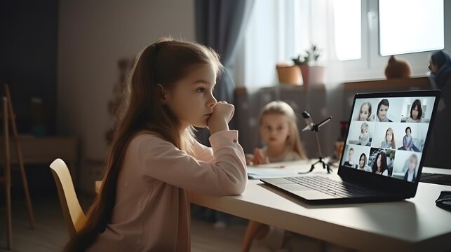 Online remote learning. School kids with computer having video conference chat with teacher and class group. Child studying from home. Generative Ai.