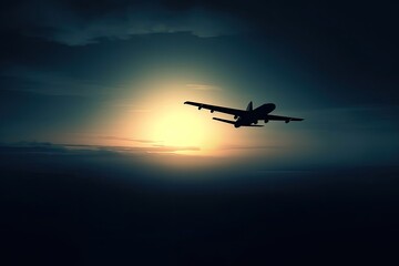 Fototapeta na wymiar minimalist art of an airplane flying into the sunset, generative ai