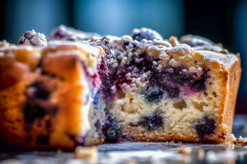 blueberry cake, bluberries pie, close-up illustration, Generative AI