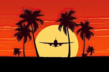 minimalist art of an airplane flying into the sunset, generative ai