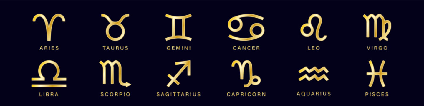 Zodiac golden signs set. Cancer and taurus constellations yellow symbols with esoteric scorpio and astrological aquarius with pisces vector pictogram