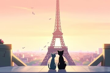 Romantic cats in front of Paris City Eiffel Tower, generative ai