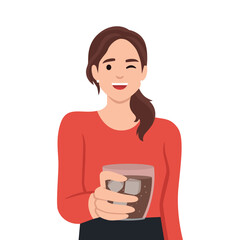 Beautiful brunette young woman with glasses smiling holding drink glass. Give or offering cola