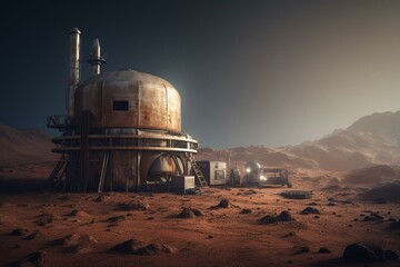 Fototapeta na wymiar A 3D-rendered base built on Mars. Generative AI