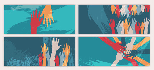 Creative poster design with raised hands of volunteers. Recruitment volunteer. Volunteerism.NGO Aid. Non profit. Call for volunteers template.Background drawn with paint splash brushes