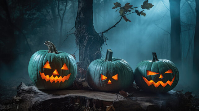 Pumpkins in the spooky forest in the moonlight. Halloween background. Generative AI.
