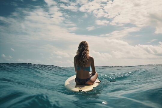 A girl with her back turned sits on a surfboard and swims, generative AI.