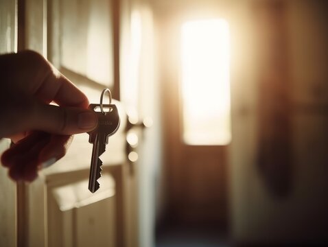 A hand holding a key and unlocking a door, with a blurred home interior background.