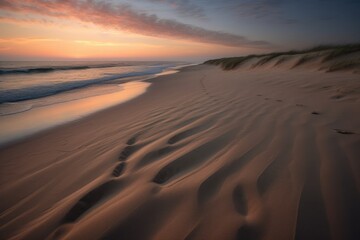 Fototapeta na wymiar Beach and sand landscape photo on a slightly foggy summer morning. Generative AI