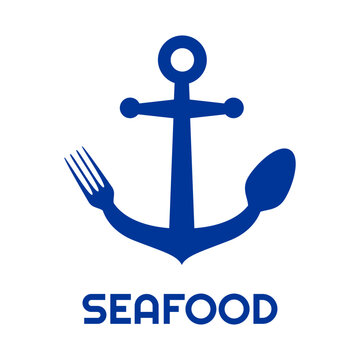 Logo Restaurante Con Texto Seafood Con Silueta De Tenedor Y Cuchara Con Forma De Ancla De Barco