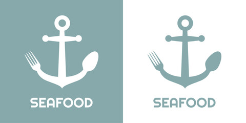 Logo restaurante con texto Seafood con silueta de tenedor y cuchara con forma de ancla de barco © teracreonte