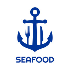 Logo restaurante con texto Seafood con silueta de ancla de barco con tenedor y cuchillo