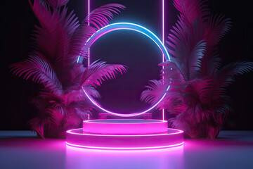 energetic purple stage with neon lights, backdrop, generative ai illustration