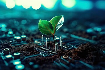Harmony of Nature and Technology: Sustainable Seed Planting and Digital Technology Fusion in UHD Image Style in 8K created with generative AI technology - obrazy, fototapety, plakaty