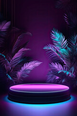 Obraz premium Purple podium wuth light and tropical leaves, backdrop, generative ai illustration