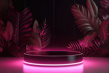 Elegant black and pink podium with tropical leaves, backdrop, generative ai illustration - obrazy, fototapety, plakaty