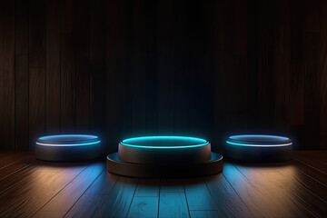 Three product exhibitors with blue neon lights on a wooden floor and dark background, generative ai illustration
