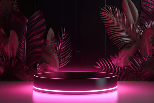 Elegant black and pink podium with tropical leaves, backdrop, generative ai illustration
