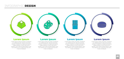 Set Brownie chocolate cake, Cookie or biscuit, Chocolate bar and Macaron cookie. Business infographic template. Vector