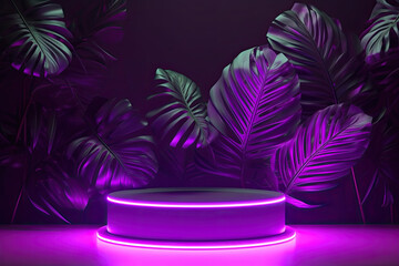 Elegant neon exhibit podium with neon lights and big leaves, generative ai illustration