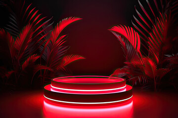Elegant and modern exhibit podium with red neon lights and tropical leaves on a dark background with copy space, generative ai illustration