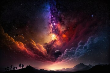 Fantasy landscape with mountains and nebula