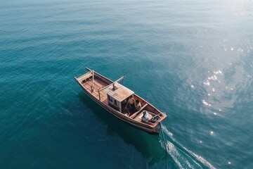 Obraz premium Fishing schooner from above, top view of fishing boat, generative AI.
