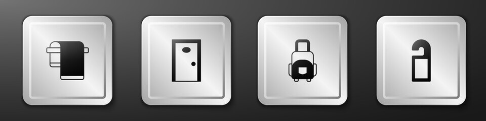 Set Towel on hanger, Hotel door, Suitcase and Please not disturb icon. Silver square button. Vector