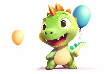 Fototapeta premium Watercolor illustration of cute dinosaur with colorful balloons. Greeting birthday card, poster, banner for children. White background. post processed AI generated image