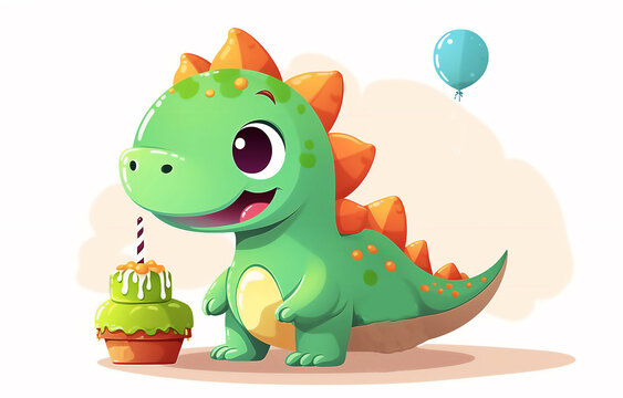 Watercolor illustration of cute dinosaur with colorful balloons. Greeting birthday card, poster, banner for children. White background. post processed AI generated image