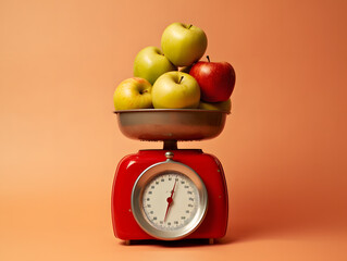 The Perfect Balance: Vibrant Fruits on a Weight Scale Against a Colored Background