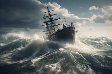 A ship battles a great stormy wave in an illustration. Generative AI