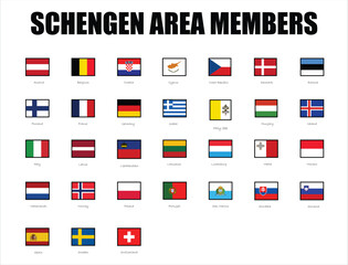 Schengen Area members with national flags 