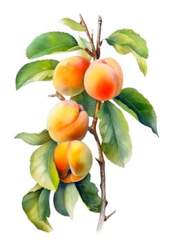 Branch of ripe apricots isolated on white background, watercolor illustration. Generative AI.