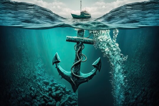 Anchor on the bottom of the ocean underwater, abandoned anchor from a ship underwater, generative AI.