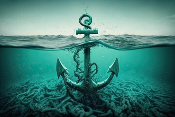 Anchor on the bottom of the ocean underwater, abandoned anchor from a ship underwater, generative AI. - obrazy, fototapety, plakaty