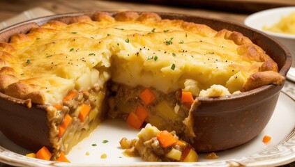 Close-up Of a freshly Baked Cottage Pie, with golden-brown mashed potatoes on top and a bubbling filling of minced beef and vegetables, served in a rustic ceramic dish. Generative AI