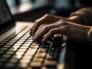 Fototapeta premium Hands typing on a laptop keyboard with a blurred office background
