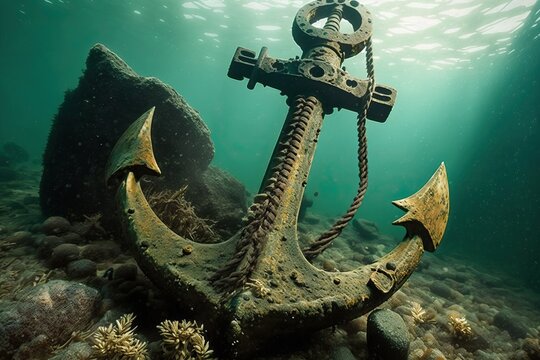 Old and abandoned anchor underwater in seaweed, generative AI.